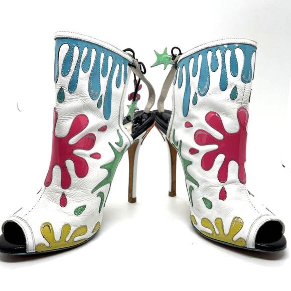 Sophia Webster Arty Party Paint Splatter Heel Tie Back Booties Size 7.5 - Picture 3 of 15